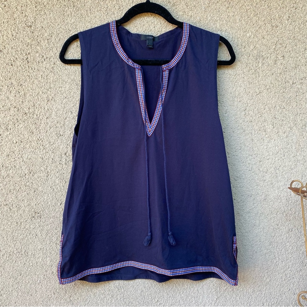 J crew top navy blue embroidered tassels size large v neck top